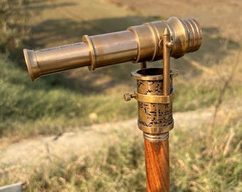 Vintage Brass Telescope Walking Stick – Dollond London Spyglass Compass Handle with Wooden Cane