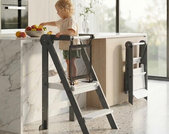 Foldable Toddler Tower with Safety Net, Wooden Step Stool with Adjustable Height