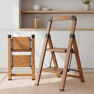 May include: Two wooden step stools, one folded and one open, are displayed in a kitchen setting. The open stool has two steps and black accents. The folded stool is compact. Both are made of light brown wood.