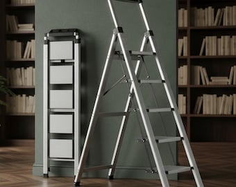 Aluminum Folding 5 Step Ladder with Retractable Handrail & Anti-Slip Wide Pedals