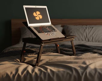 Adjustable Bamboo Laptop Desk for Bed with Cooling Fan, Foldable Lap Desk with Drawer