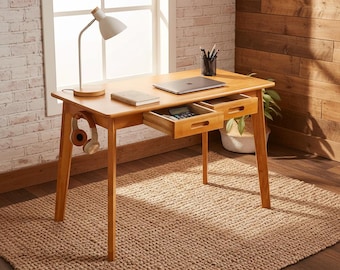 Wood Writing Desk with 2 Drawers & Hanging Rod, 47" Compact Home Office Desk