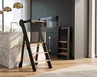 Foldable Toddler Learning Stool Height Adjustable Standing Tower with Safety Net