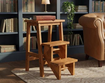 3-in-1 Wooden Step Stool Ladder, Folding Rubber Wood Step Stool, 200 lb Capacity