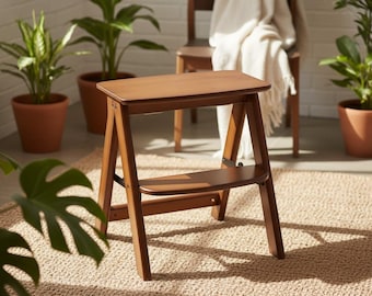 2 Step Bamboo Folding Ladder, Anti-Slip Wooden Step Ladder for Home Use
