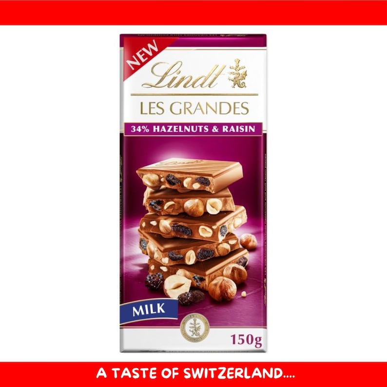 Lindt LES GRANDES Hazelnut and Raisin Chocolate Bar – 150g (5.3 Oz ...
