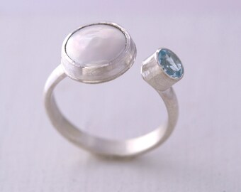 Adjustable Freshwater Pearl & Blue Topaz Ring, 10mm