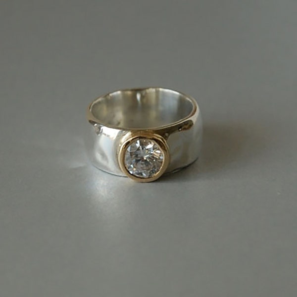 Clear Gemstone Ring Set in 14K Gold Bezel, Sterling Silver Band, TruSilver