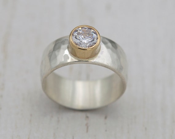 Wide Modern Band, Conflict Free Gemstone set in 14k Gold Bezel, Sterling Sliver Band