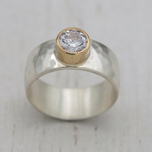 Clear Gemstone Ring Set in 14K Gold Bezel, Sterling Silver Band ...