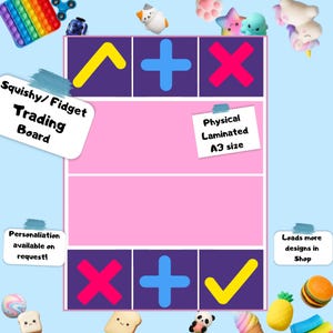 May include: A rectangular laminated A3 squishy and fidget trading board with a light blue background. The board features a central pink area divided into two sections, flanked by dark purple squares containing yellow, blue, and pink symbols.