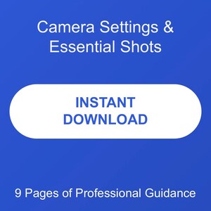 May include: A blue graphic with white text that reads "EQUINE EVENT PHOTOGRAPHY GUIDE." It also says "Camera Settings & Essential Shots" and "INSTANT DOWNLOAD." The guide offers "9 Pages of Professional Guidance" and covers "All Disciplines." It is "Ready to Print."