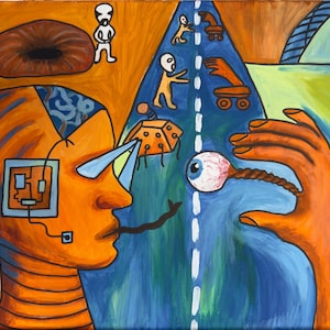 Può includere: Dipinto astratto con colori arancione, blu e bianco. L'opera raffigura una figura umanoide con una testa robotica, una mano che tiene un occhio e altri elementi surreali. Il dipinto ha un tema futuristico.