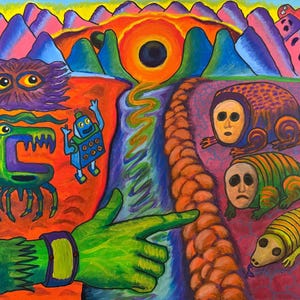 Può includere: Un dipinto vibrante e surreale con una mano verde che indica un sentiero. L'opera presenta creature colorate, un robot blu e un paesaggio con montagne e un sole nero. Lo stile ricorda l'arte popolare.