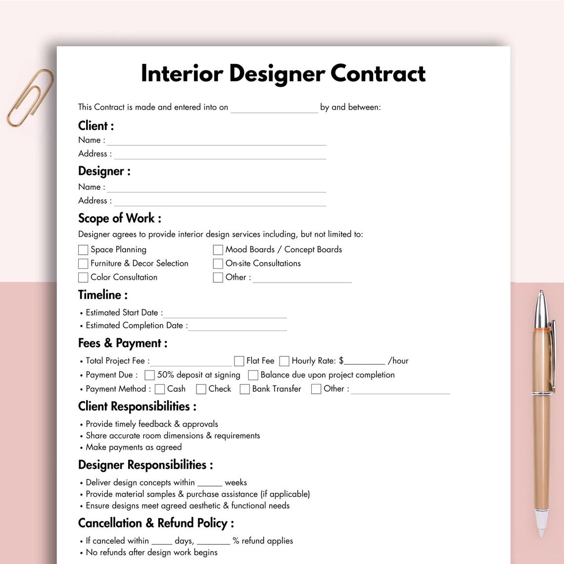 Interior Designer Contract, Printable Interior Decorating Form Template ...