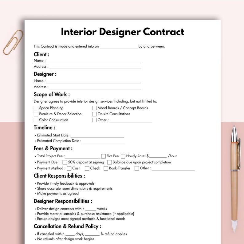 Interior Designer Contract, Printable Interior Decorating Form Template ...
