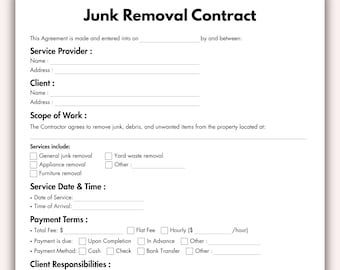 Contract voor verwijdering van rommel, afdrukbare sjabloon voor verwijdering van prullenbak, bewerkbare opruimingsservice, overeenkomst voor verwijdering afval Canva direct downloaden