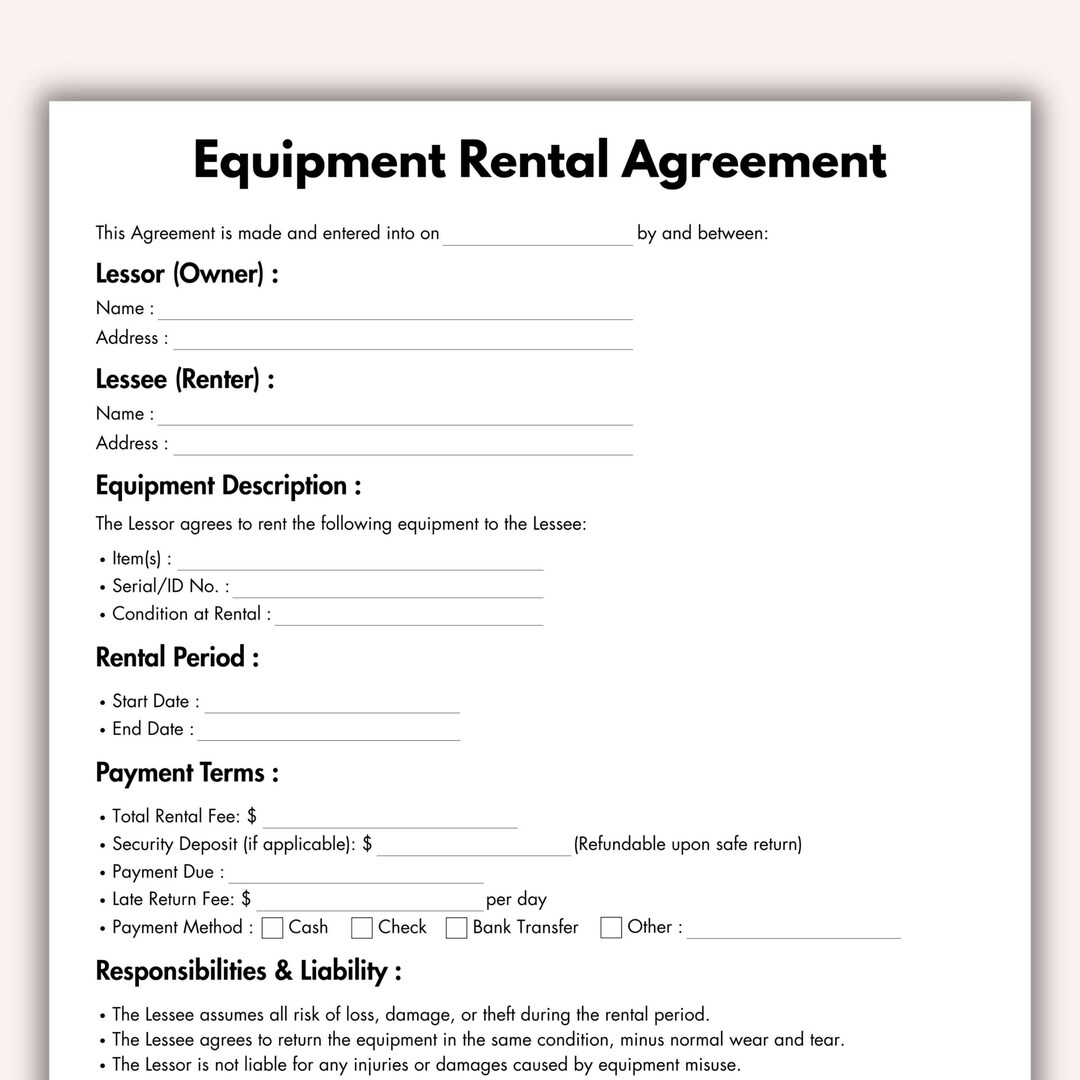 Equipment Rental Agreement, Printable Lease Equipment Form Template ...