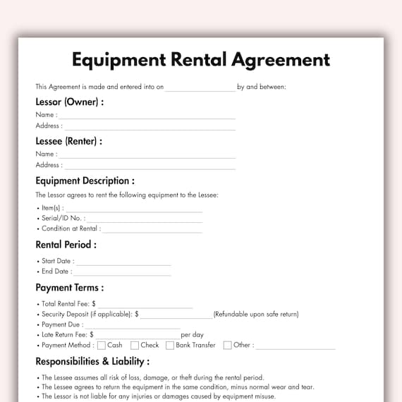 Equipment Rental Agreement, Printable Lease Equipment Form Template, Editable Event Equipment Contract Professional Instant Digital Download