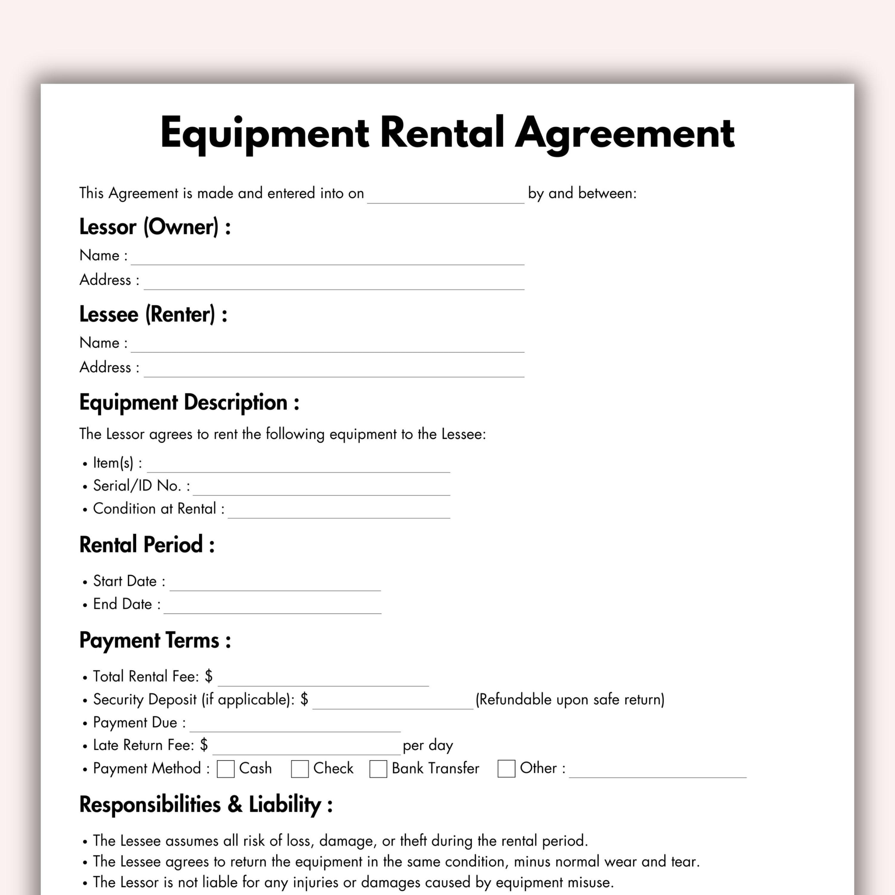 Equipment Rental Form Template.pdf Equipment Rental Agreement, Printable Lease Equipment Form Template ...