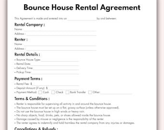 Contrato de Aluguel de Castelo Inflável, Modelo de Contrato de Aluguel Imprimível, Formulário de Contrato de Aluguel de Castelo Inflável Editável para Download Instantâneo no Canva
