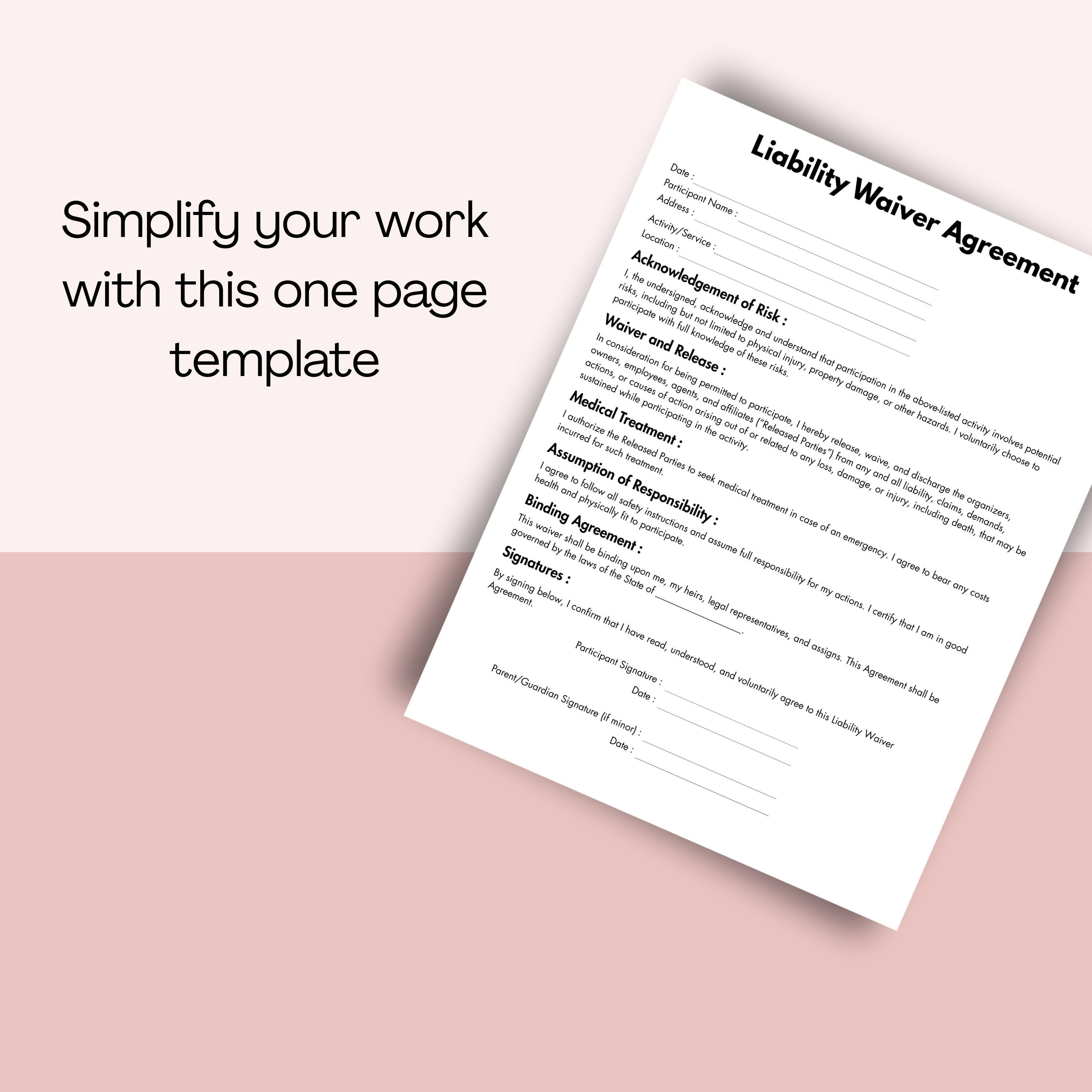 Liability Waiver Agreement, Printable Release of Liability Form ...