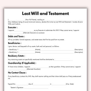 May include: A printed Last Will and Testament form with the title in bold black letters. The document includes sections for executor, beneficiaries, debts, taxes, and guardianship. The form is on a cream-colored background.