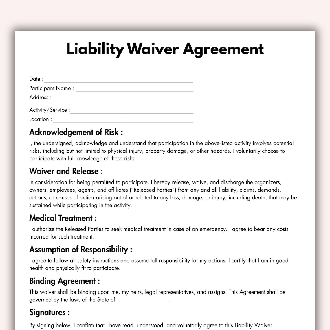 Liability Waiver Agreement, Printable Release of Liability Form ...