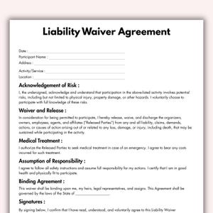 May include: A printed liability waiver agreement on white paper. The document includes sections for date, participant information, and acknowledgements of risk. Text includes "Waiver and Release" and "Assumption of Responsibility."