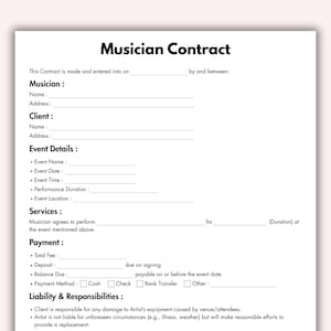 Può includere: Un modello di contratto per musicisti, intitolato "Musician Contract" in grassetto nero. Il documento include sezioni per le informazioni sul musicista e sul cliente, i dettagli dell'evento, i servizi, il pagamento e le responsabilità.