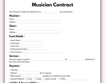 Musician Contract, Printable Musician Collaboration Form Template, Editable Musician Agreement, Gig contract Partnership Instant Download