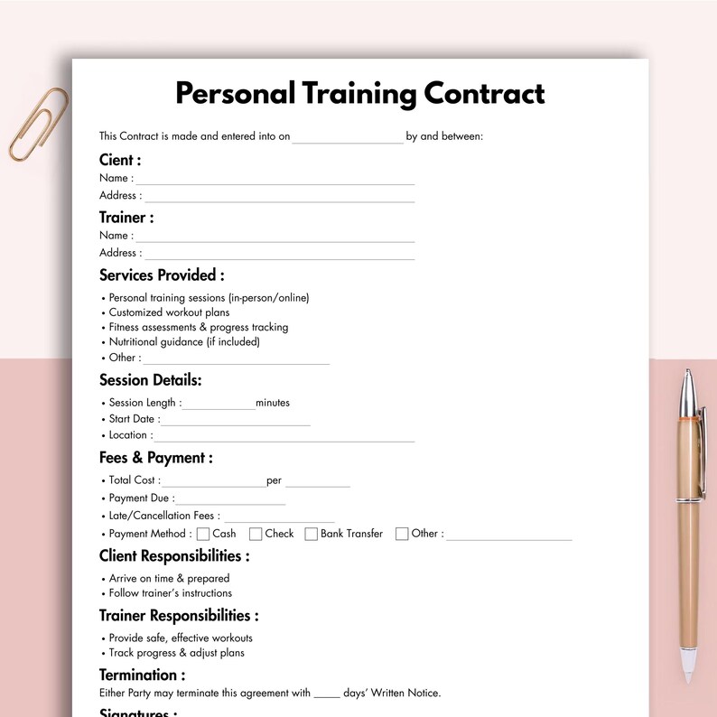 Personal Training Contract, Printable Fitness Services Agreement Form ...