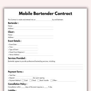 Op de afbeelding: Een witte Mobile Bartender Contract sjabloon met zwarte tekst. Het contract bevat secties voor de barman, de klant, evenementdetails, geleverde diensten, betalingsvoorwaarden, annuleringsbeleid en aansprakelijkheid. De titel is vetgedrukt.