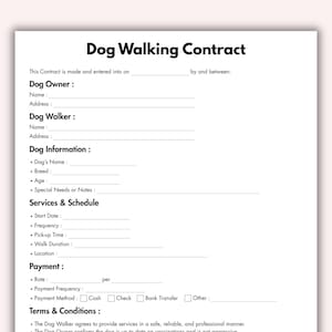 Contrato para Passeio de Cães, Modelo de Formulário Comercial para Passeadores de Cães para Imprimir, Contrato de Serviço de Passeio de Animais de Estimação Editável para Download Digital Imediato
