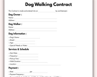 Dog Walking Contract, Printable Dog Walker Business Form Template, Editable Pet Walking Service Agreement Instant Digital Download