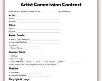 Artist Commission Contract, Printable Artwork Contract Template, Editable Agreement for Art Commissions Form Canva Instant Download
