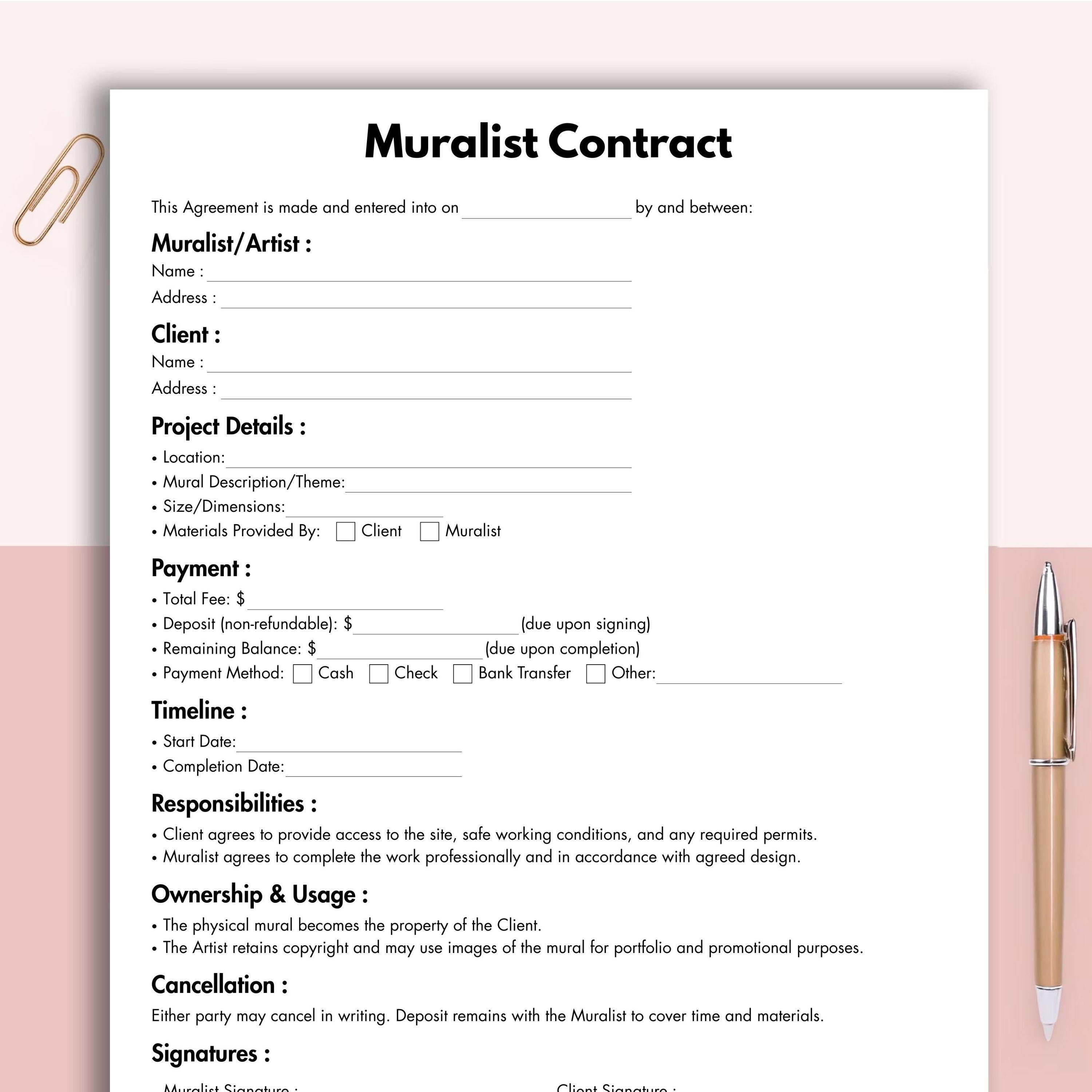 Muralist Contract, Printable Mural Services Form Template, Editable ...