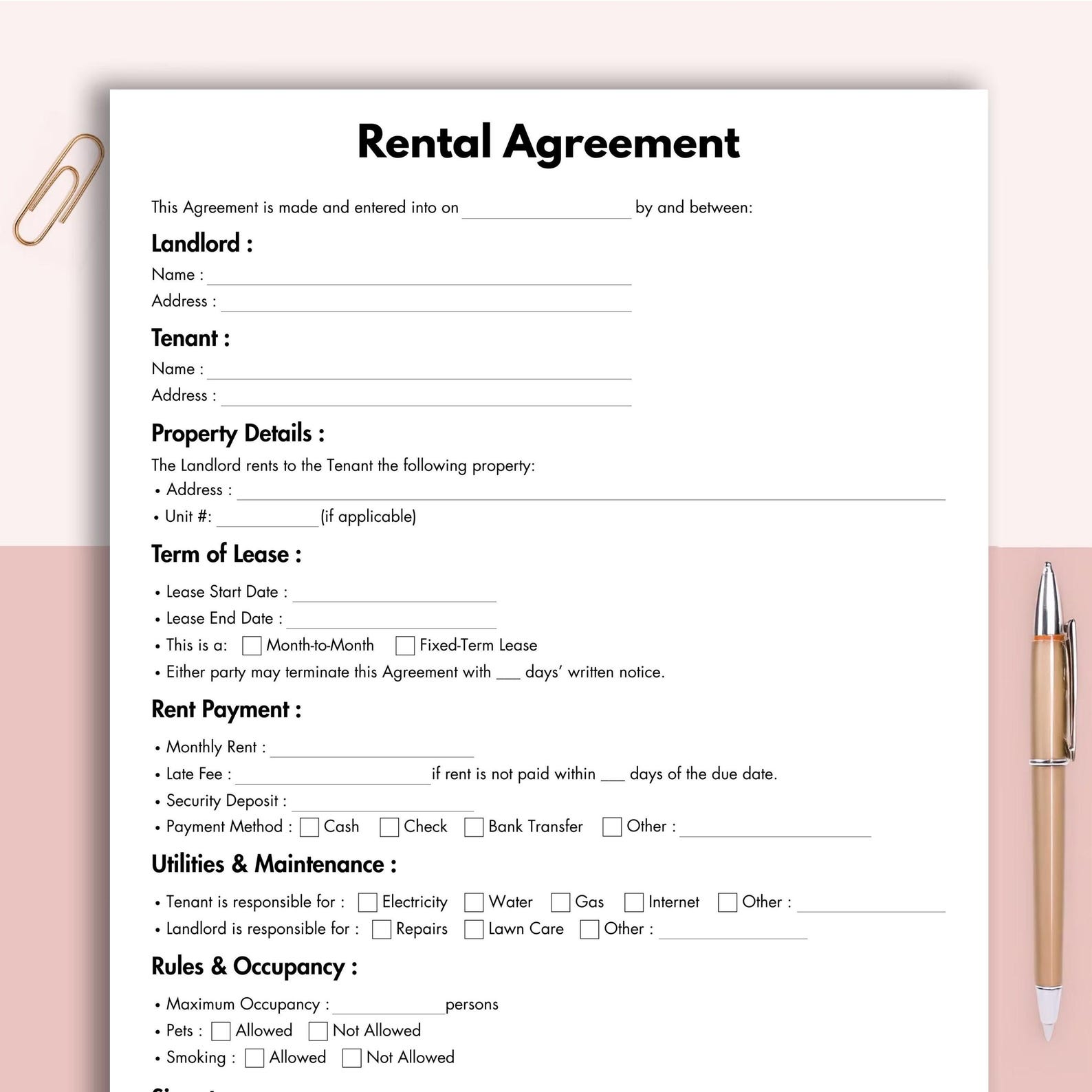Basic Rental Agreement, Printable Fillable Rental Contract Form ...