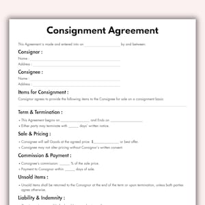 Consignment Agreement, Printable Consignment Contract Form Template, Editable Consignment Reseller Agreement Instant Digital Download