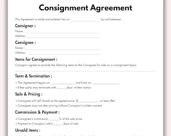 Consignment Agreement, Printable Consignment Contract Form Template, Editable Consignment Reseller Agreement Instant Digital Download