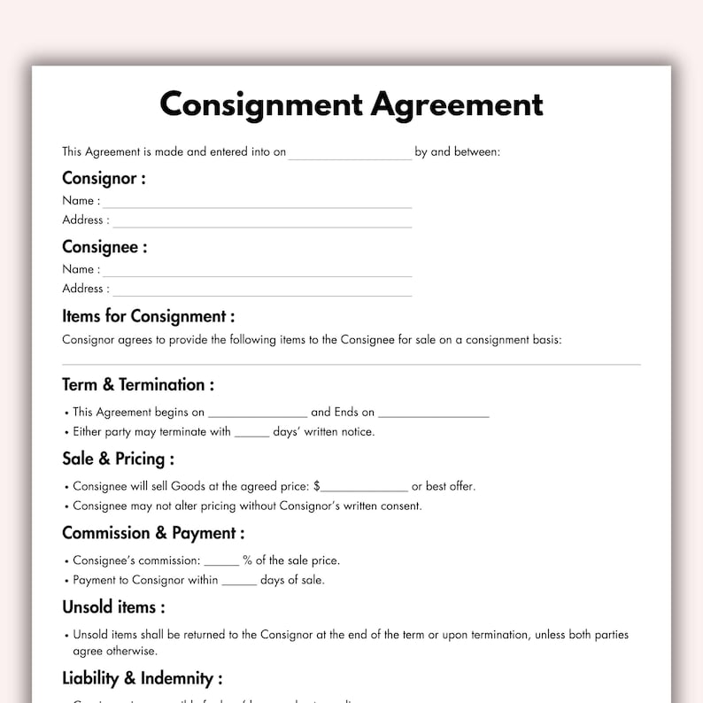 Consignment agreement with sections for price, commission, and payment terms