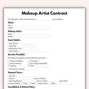 Peut inclure: Un contrat de maquilleur blanc avec du texte noir. Le document comprend des sections pour les informations sur le client et l'artiste, les détails de l'événement, les services fournis, les conditions de paiement et la politique d'annulation. Le titre "Makeup Artist Contract" est en haut.