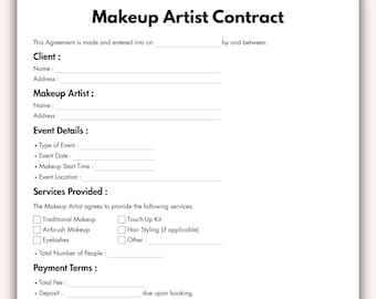Makeup Artist Contract, Printable Makeup Agreement Form Template, Editable Bridal Makeup Service Contract, MUA Contract Instant Download