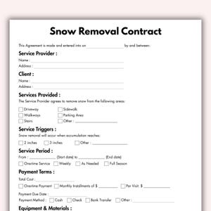 Contrato de remoción de nieve, plantilla imprimible para servicio residencial de remoción de nieve, contrato de servicio comercial de remoción de nieve editable (descarga instantánea)