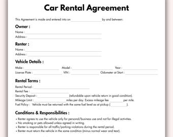 Car Rental Agreement, Printable Car Rental Contract Form Template, Editable Vehicle Lease, Vehicle Rental Agreement Instant Digital Download