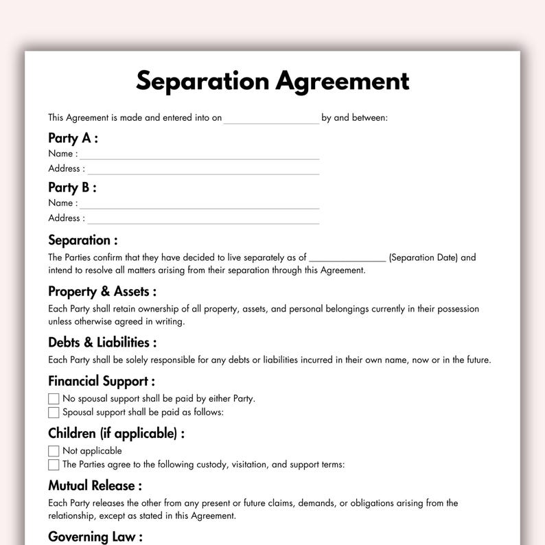Separation Agreement, Printable Property Division, Child Custody ...