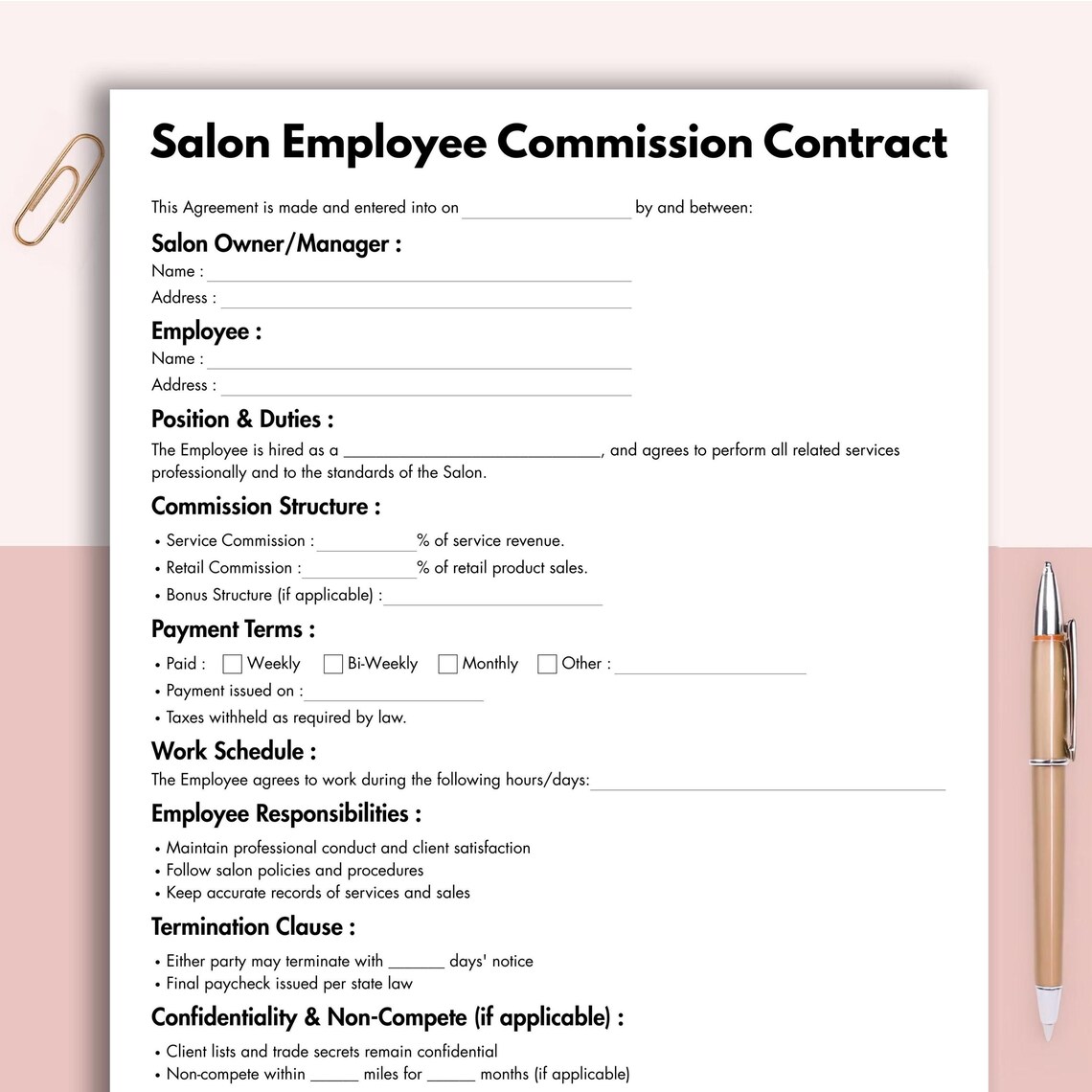 Salon Employee Commission Contract, Printable Stylist Commission ...