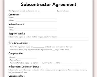 Overeenkomst onderaannemer, afdrukbare formuliersjabloon opdracht onderaannemer, bewerkbare onderaannemer hoofdaannemer directe digitale download