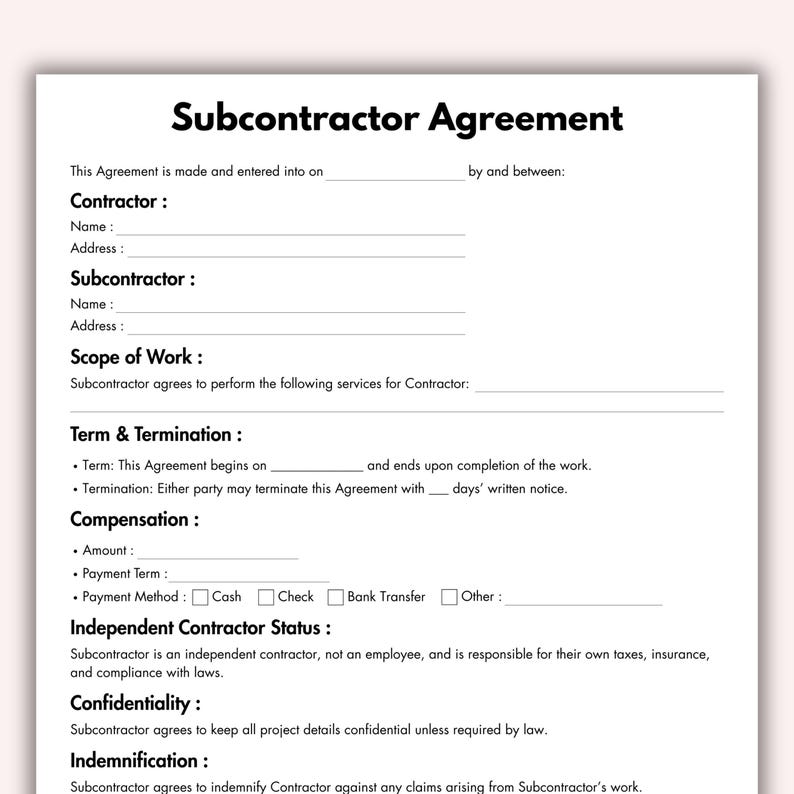 Subcontractor Agreement, Printable Job Subcontractor Form Template ...