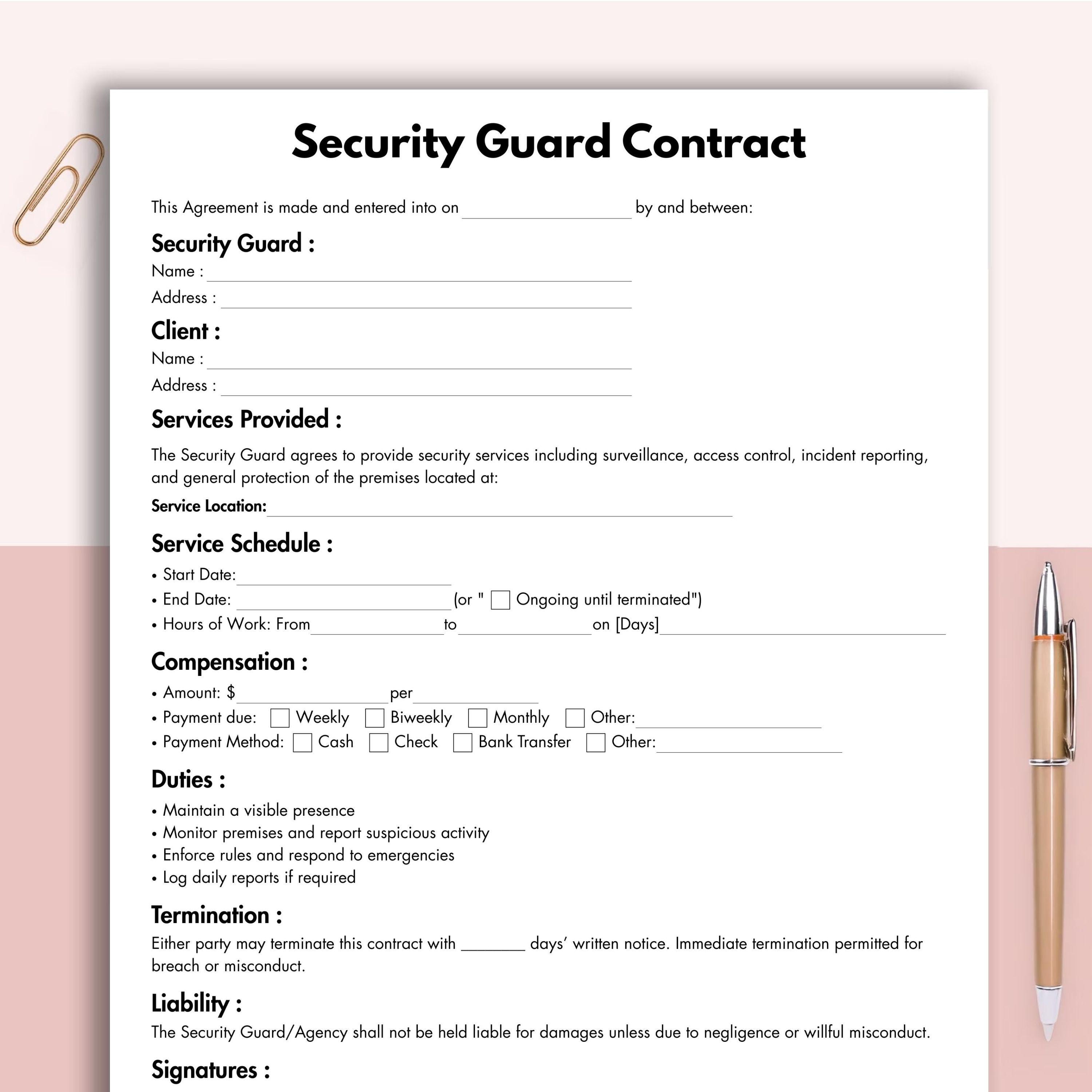 Security Guard Contract, Printable Security Service Provider Agreement ...